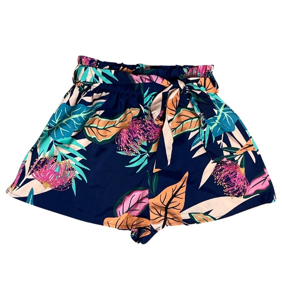 High Waist Blue and Pink Tropical Print Shorts with Tie at the Waist - Picture 1 of 5